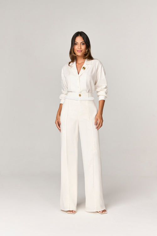 BLUSA CAMISA COM DETALHE BROCHE E FRANJAS