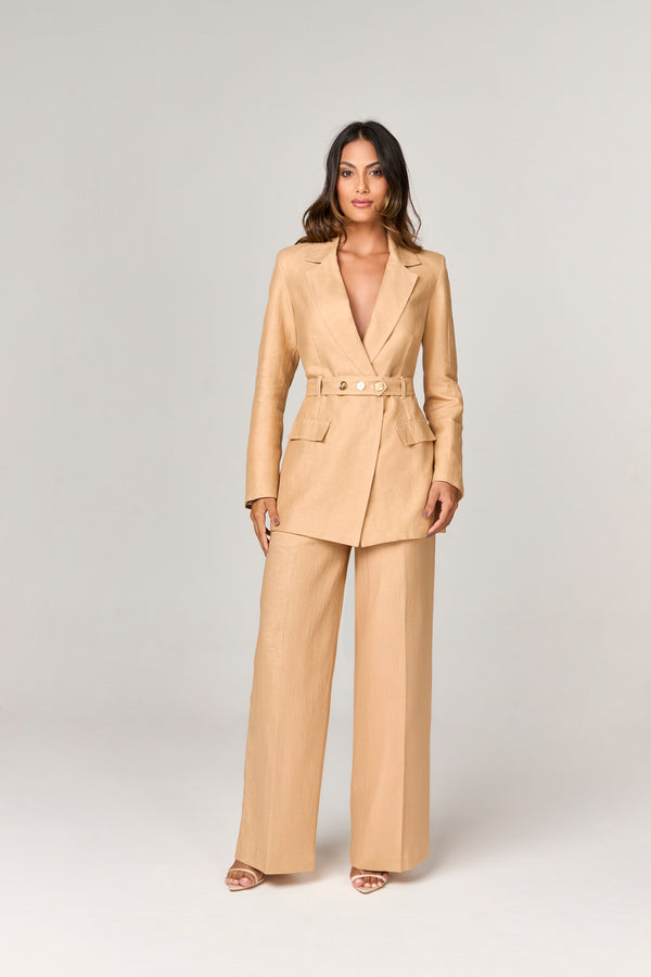 BLUSA BLAZER DE LINHO COM CINTO E DETALHE BOTOES