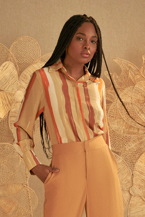 BLUSA MANGA LONGA CAMISA SEDA ESTAMPA LISTRAS