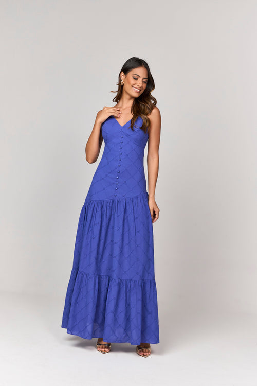 VESTIDO LONGO COM DETALHE MARIAS E BOTOES BOMBE