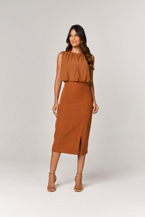 VESTIDO MIDI COM TOP E MIX DE TECIDOS