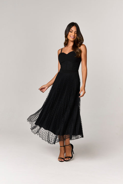 VESTIDO MIDI COM PLISSADO E DETALHE TULE