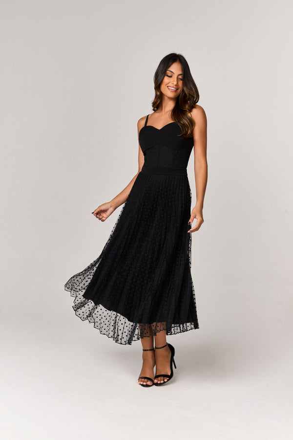VESTIDO MIDI COM PLISSADO E DETALHE TULE