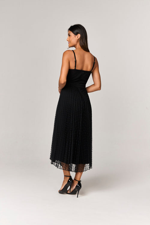 VESTIDO MIDI COM PLISSADO E DETALHE TULE