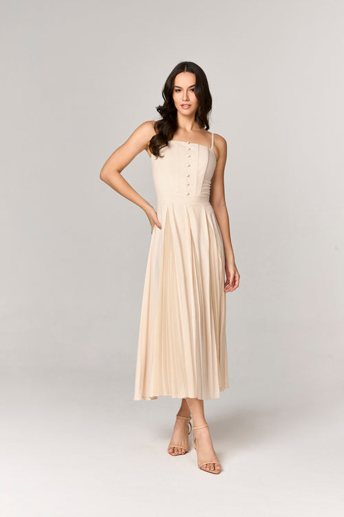 VESTIDO MIDI COM NESGAS PLISSADAS