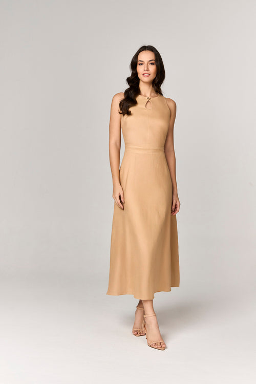 VESTIDO MIDI DE PURO LINHO COM BOTAO MOEDA