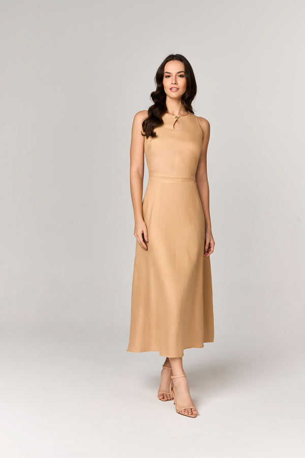 VESTIDO MIDI DE PURO LINHO COM BOTAO MOEDA