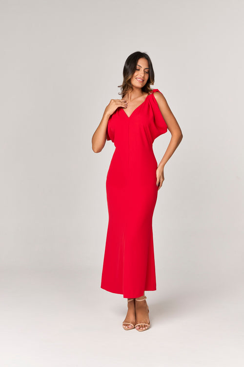 VESTIDO MIDI COM FIVELAS GREGAS