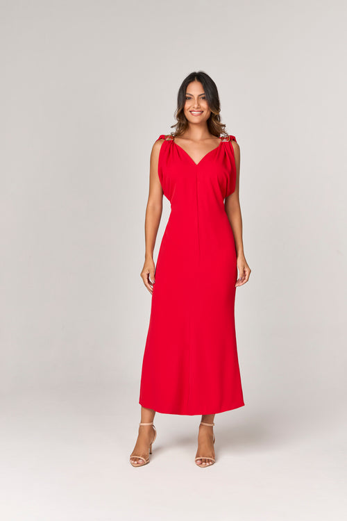 VESTIDO MIDI COM FIVELAS GREGAS