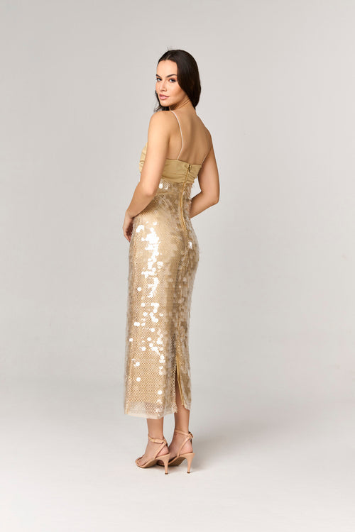 VESTIDO MIDI DE PAETE COM BUSTO DRAPEADO