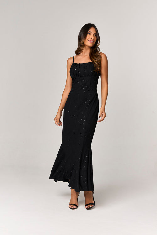 VESTIDO MIDI SEREIA COM DETLAHE POA BRILHOSO