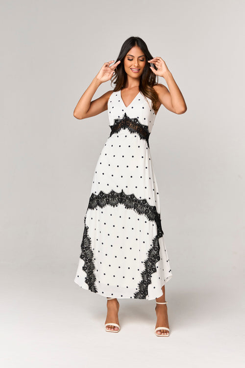 VESTIDO LONGO ESTAMPADO DE POA COM ASSIMETRIA E RENDA