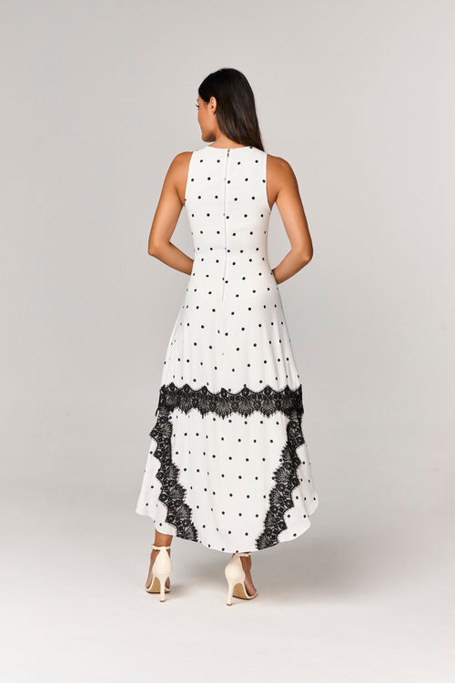 VESTIDO LONGO ESTAMPADO DE POA COM ASSIMETRIA E RENDA