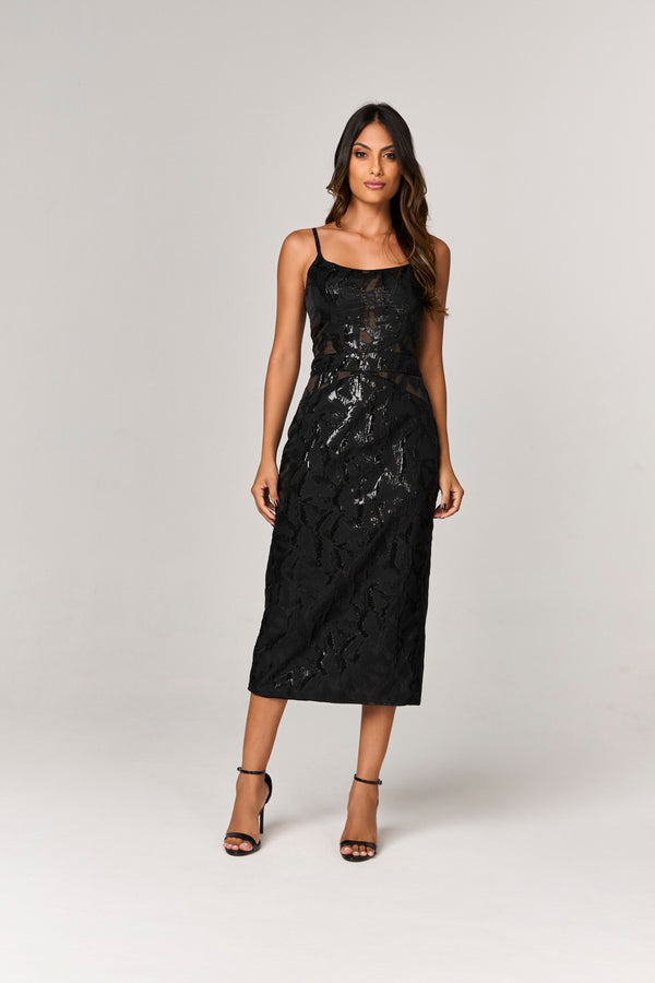 VESTIDO MIDI COM DETLAHES BRILHOSOS