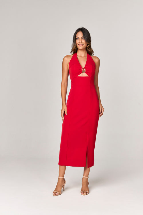 VESTIDO MIDI COM DETALHE FIVELA