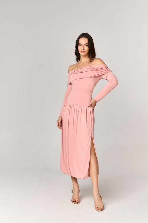 VESTIDO MIDI JERSEY COM MANGA LONGA E FRANZIDOS