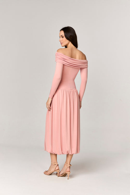 VESTIDO MIDI JERSEY COM MANGA LONGA E FRANZIDOS