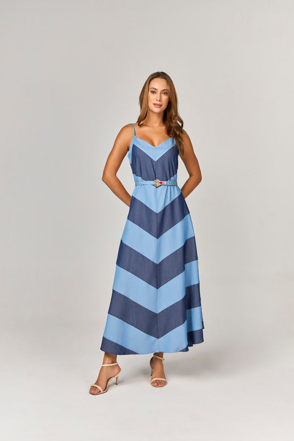 VESTIDO MIDI COM CINTO E FIVELA LAGOSTA