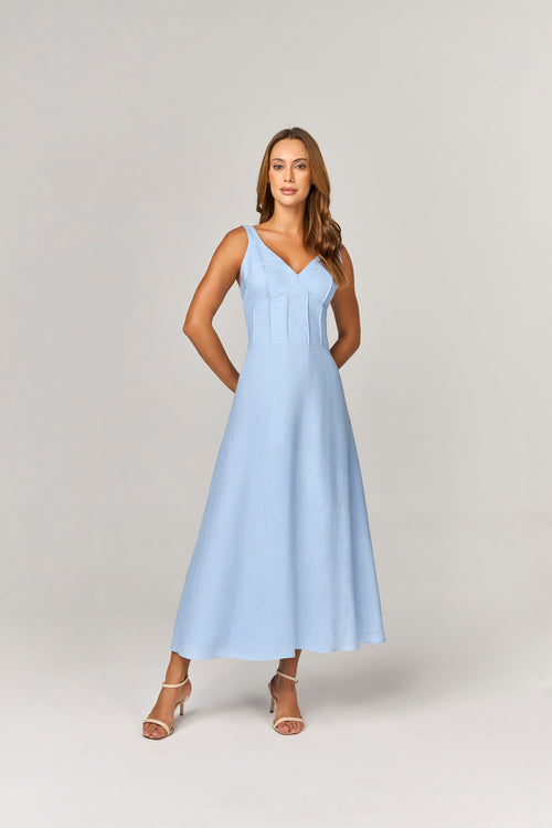 VESTIDO MIDI EM LINHO COM RECORTES