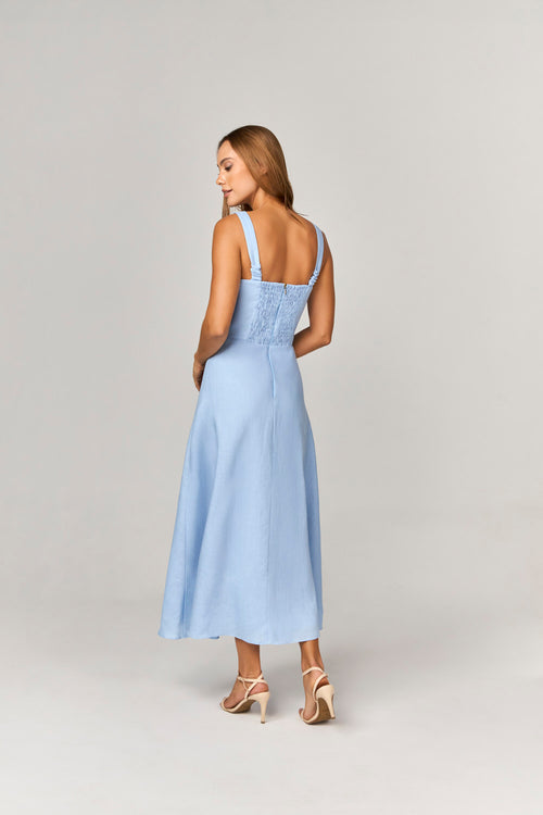 VESTIDO MIDI EM LINHO COM RECORTES