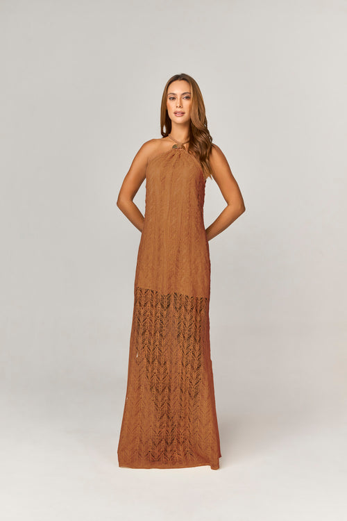 VESTIDO MIDI LONG COM TECIDO TRABALHADO