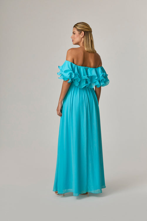 VESTIDO LONGO COM BABADOS OMBRO A OMBRO