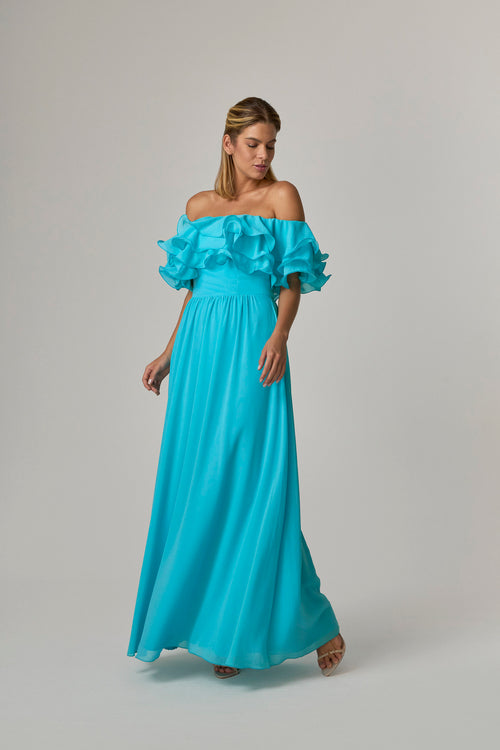 VESTIDO LONGO COM BABADOS OMBRO A OMBRO