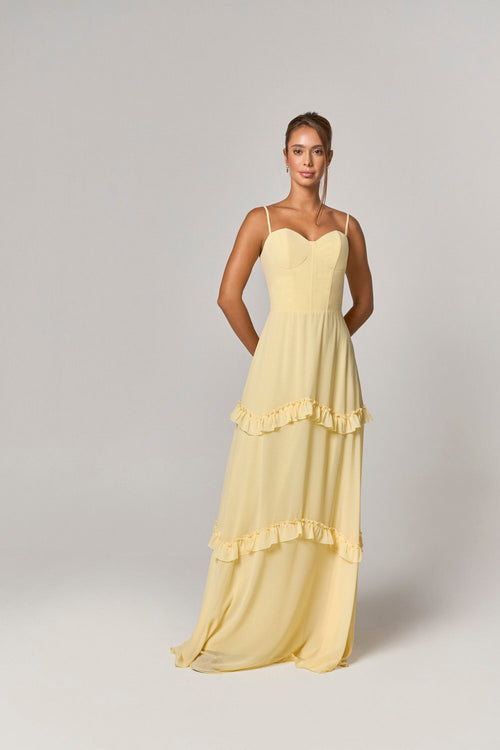 VESTIDO LONGO COM DETALHE CORSET E BABADOS