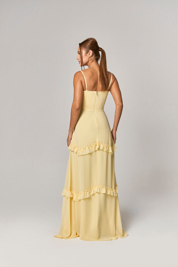 VESTIDO LONGO COM DETALHE CORSET E BABADOS