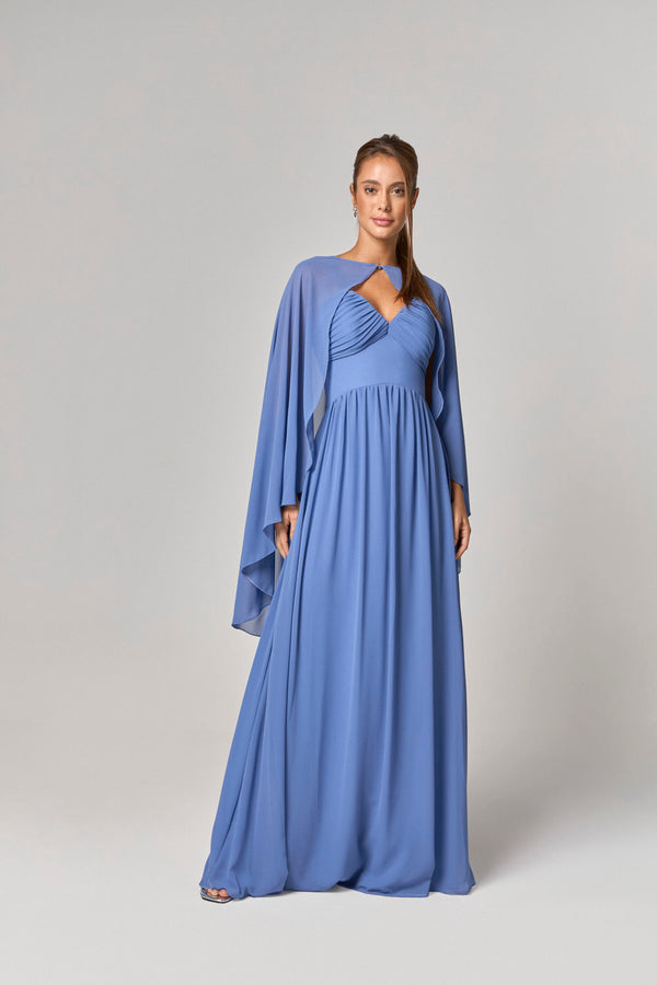 VESTIDO LONGO DETALHE BUSTO PLISSADO COM CAPA