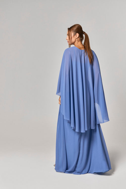 VESTIDO LONGO DETALHE BUSTO PLISSADO COM CAPA