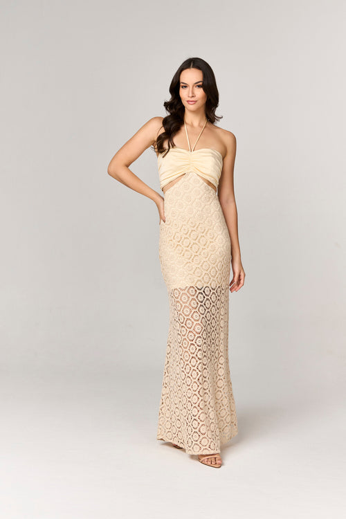 VESTIDO LONGO COM MIX DE CROCHE E MALHA COM AMARRACAO