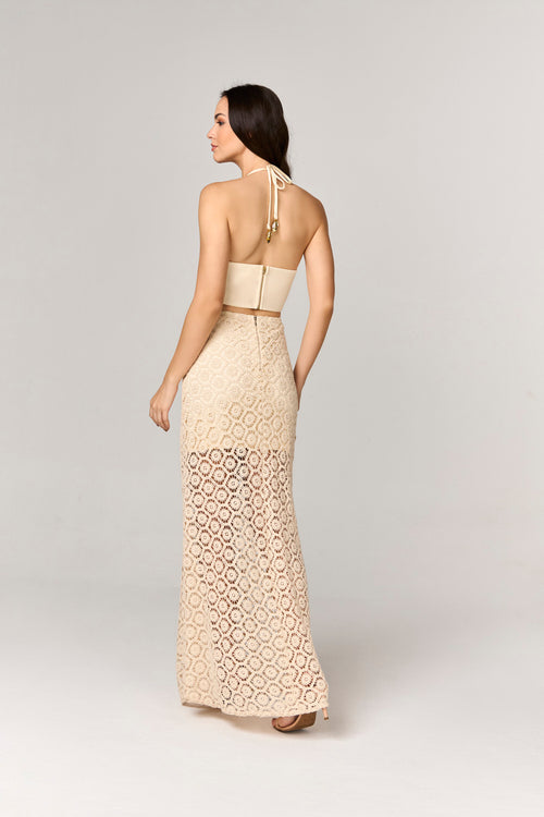 VESTIDO LONGO COM MIX DE CROCHE E MALHA COM AMARRACAO