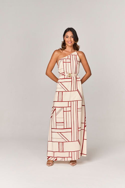 VESTIDO LONGO ESTAMPADO COM ASSIMETRIA E FIVELA