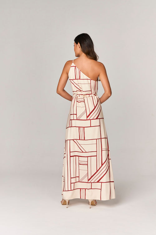 VESTIDO LONGO ESTAMPADO COM ASSIMETRIA E FIVELA