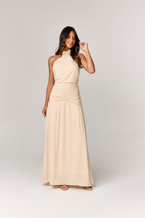 VESTIDO LONGO COM DETALHES FRANZIDOS