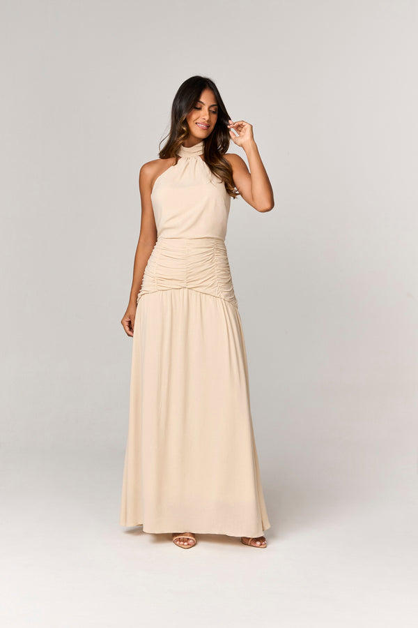 VESTIDO LONGO COM DETALHES FRANZIDOS