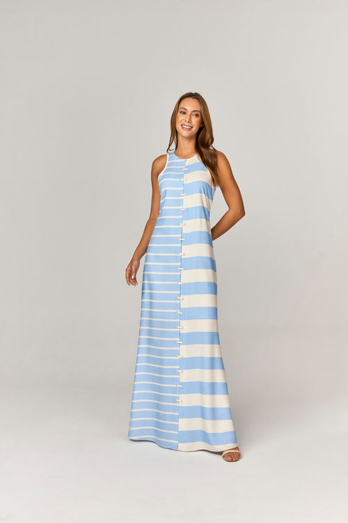 VESTIDO LONGO DE LISTRAS COM DETALHE ILHOS