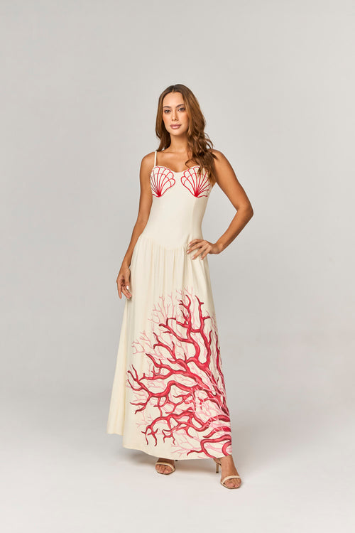 VESTIDO LONGO COM BUSTO BORDADO