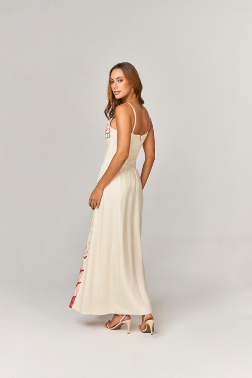 VESTIDO LONGO COM BUSTO BORDADO