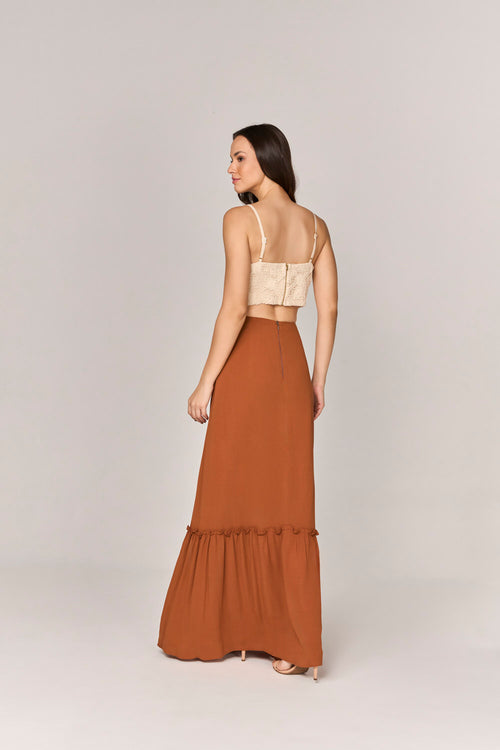 VESTIDO LONGO COM VZADA E DETALHE RENDA BUSTO