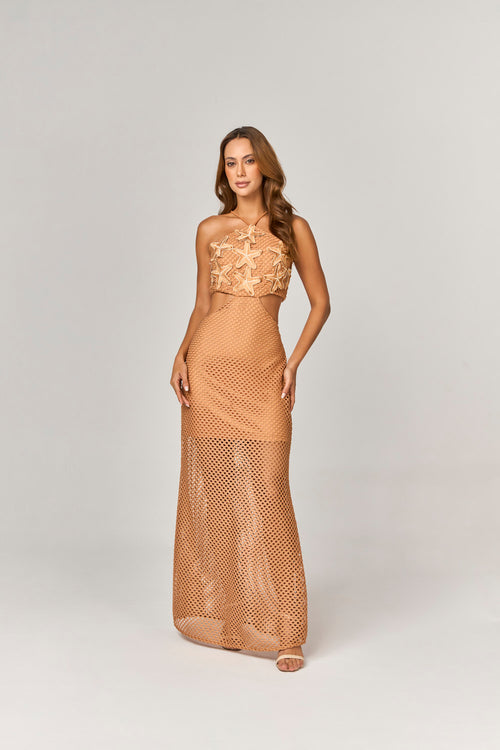 VESTIDO LONGO DE TELA COM ESTRELAS BORDADAS