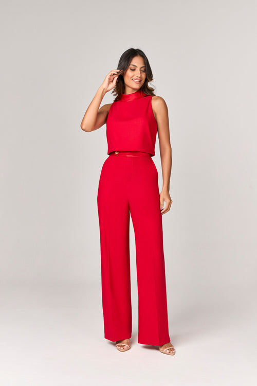 CONJUNTO CALCA E BLUSA COM DETALHE ACETINADO
