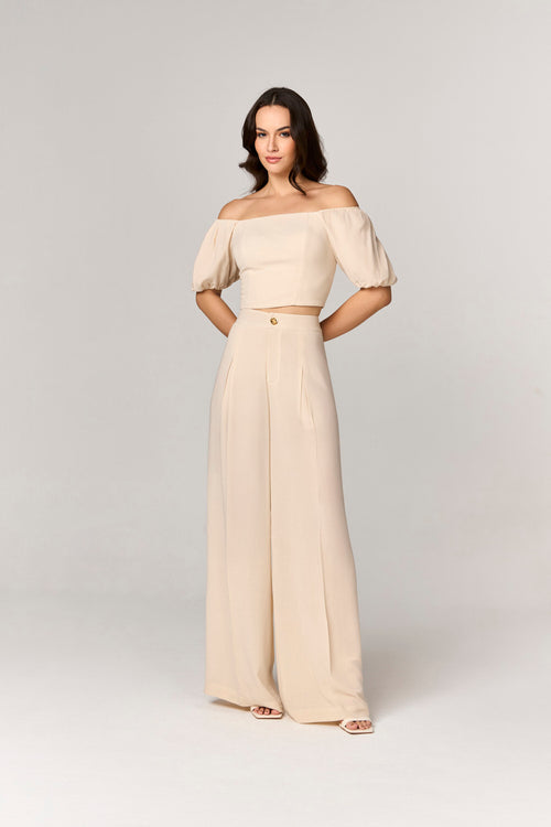 CONJUNTO CALCA E CROPPED COM DETALHE PREGAS E OMBRO A OMBRO