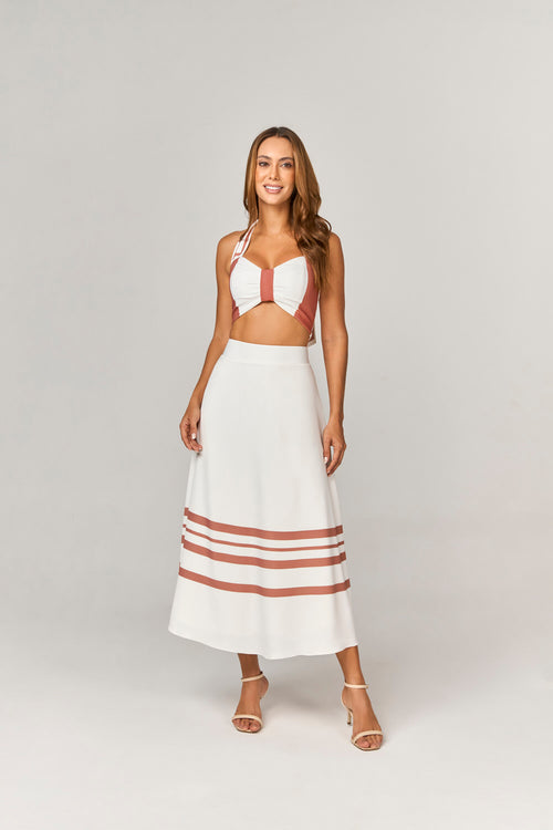 CONJUNTO SAIA MIDI E CROPPED COM ESTAMPA LOCALIZADA