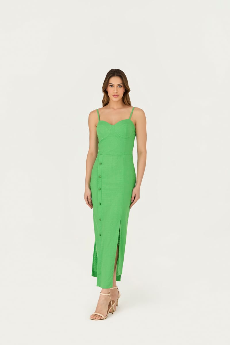 10414709 F VERD Vestido Midi Corset Com Botao