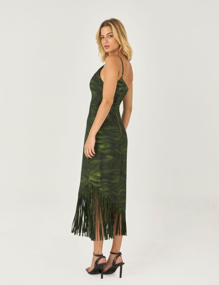 Vestido Midi Estampado Com Franjas