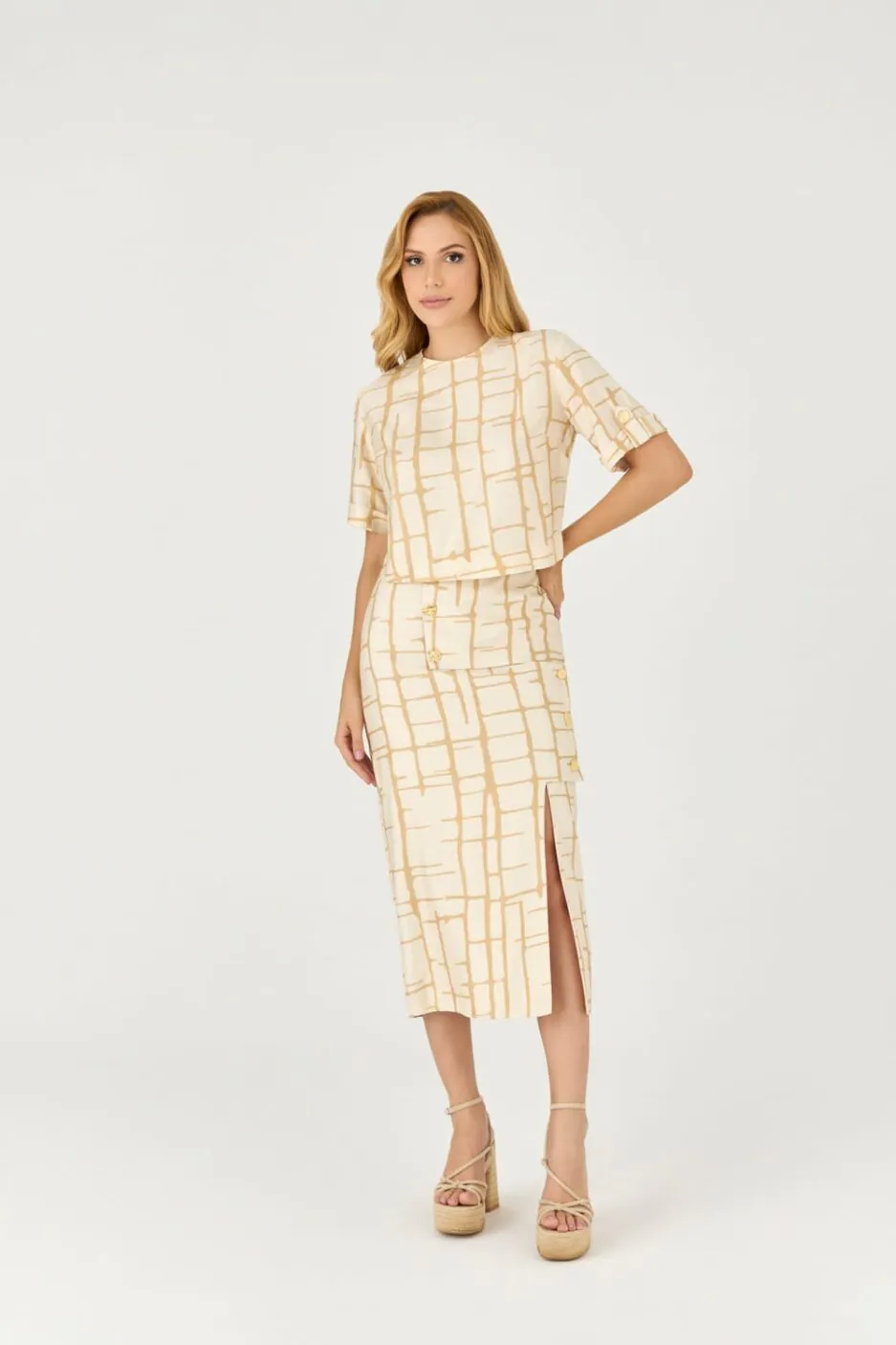 Saia Midi Estampada Com Botao