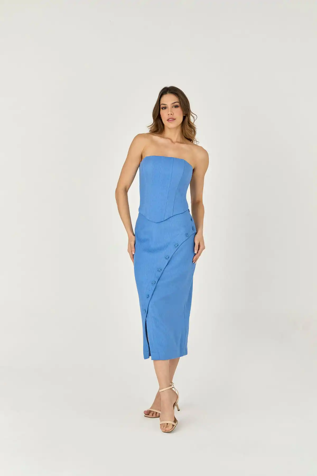 1034011 F AZUL Saia Midi Com Detalhe Botao Perola