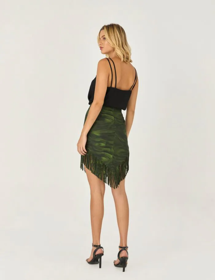 Saia Saia Curta Estampada Com Detalhe Franjas